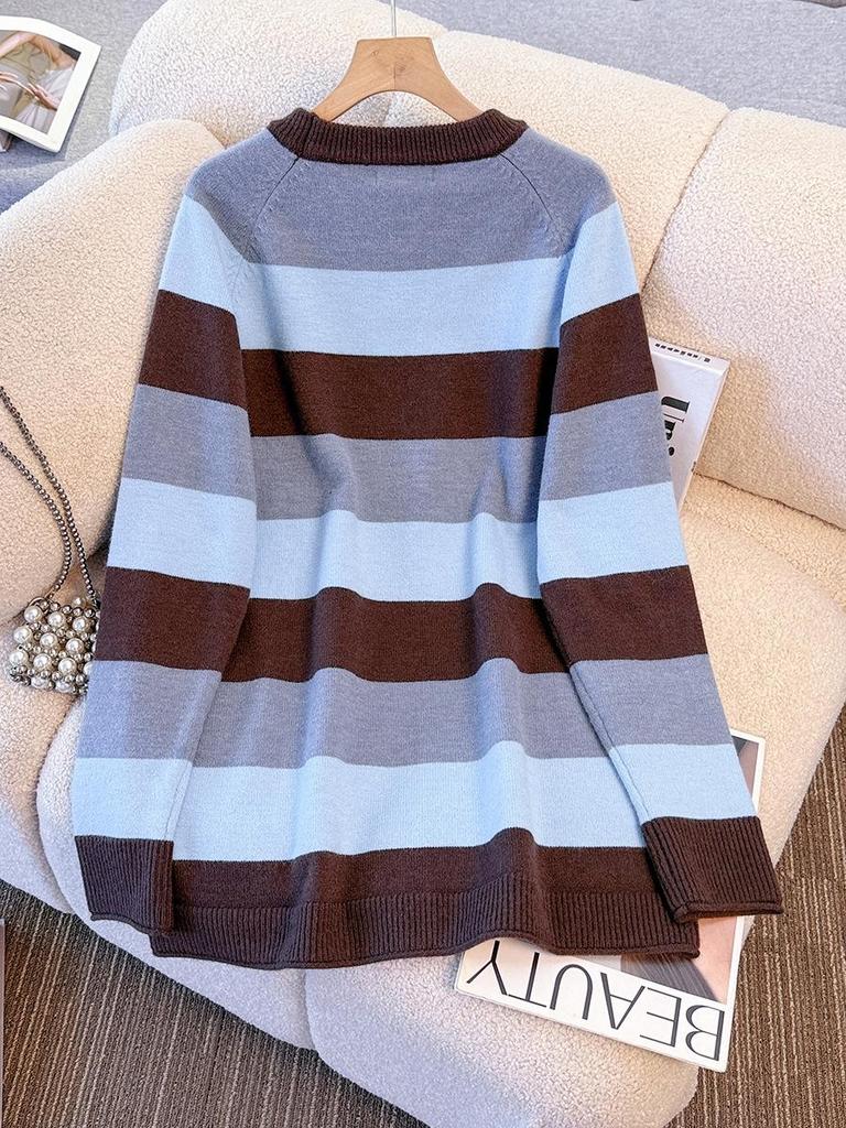 Plus Size Striped Knit Sweater for Women - Lazy Style Autumn/Winter Slim Fit (130-300 Jin)
