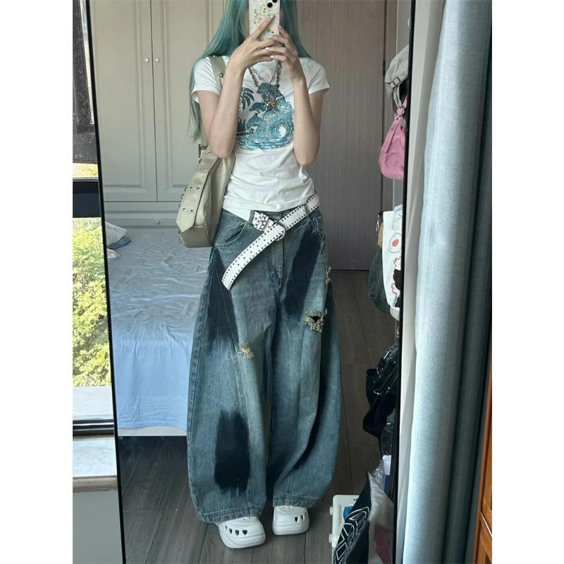 Damskie dżinsy Y2k z dziurami, spodnie dżinsowe w stylu Harajuku Y2k spodnie jeansowe oversize Vintage, estetyczne, japońskie, styl lat 2000. tandetne ubrania