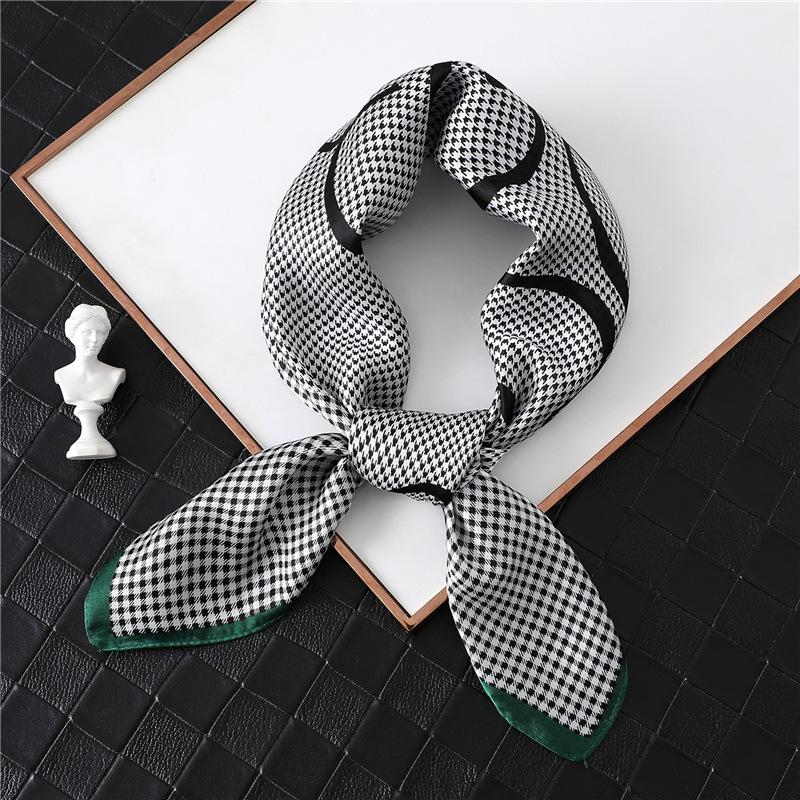 Thousand Birds Plaid Scarf Simulation Silk New Spring and Summer Sunscreen Shawl Decorative Scarf Temperament Square Scarf 71cm Tie Hair