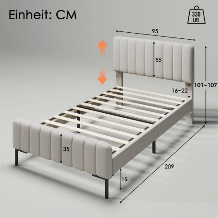 Lit simple 90x200 cm - MUVOE - Cadre avec sommier à lattes - Tête de lit réglable - Gris-beige - Matelas inclus