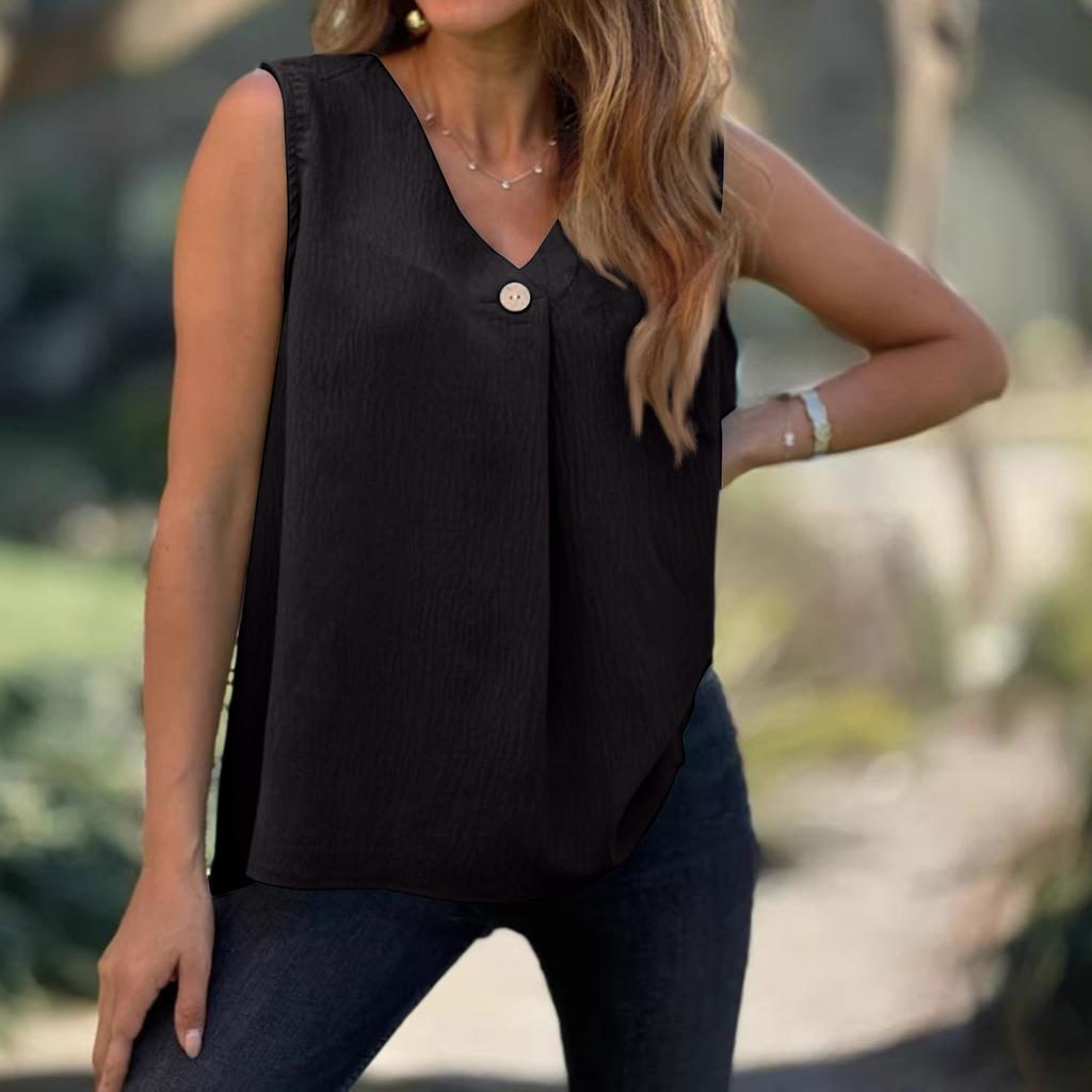 Women's Color Sleeveless V-neck Button Casual Versatile Top