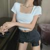 Women's Black Short-Sleeve Square Neck Top - Summer 2024 French Style