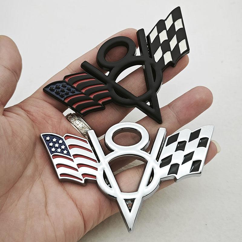 3D Metal V8 Engine Badge Cross Flag Car Emblem Front Grille Decal Trunk Sticker Universal Auto Styling Accessories