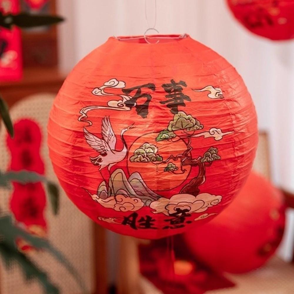 Retro Style Chinese Paper Lantern Round Shape Handmade New Year Lantern Good Luck 30cm Festival Lantern Room Decor