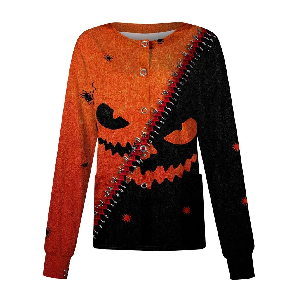 Damen Lässiger Langarm Einreiher Halloween-Print Pflegekraft Cardigan Knopfleiste Vorne Leichte Strickware
