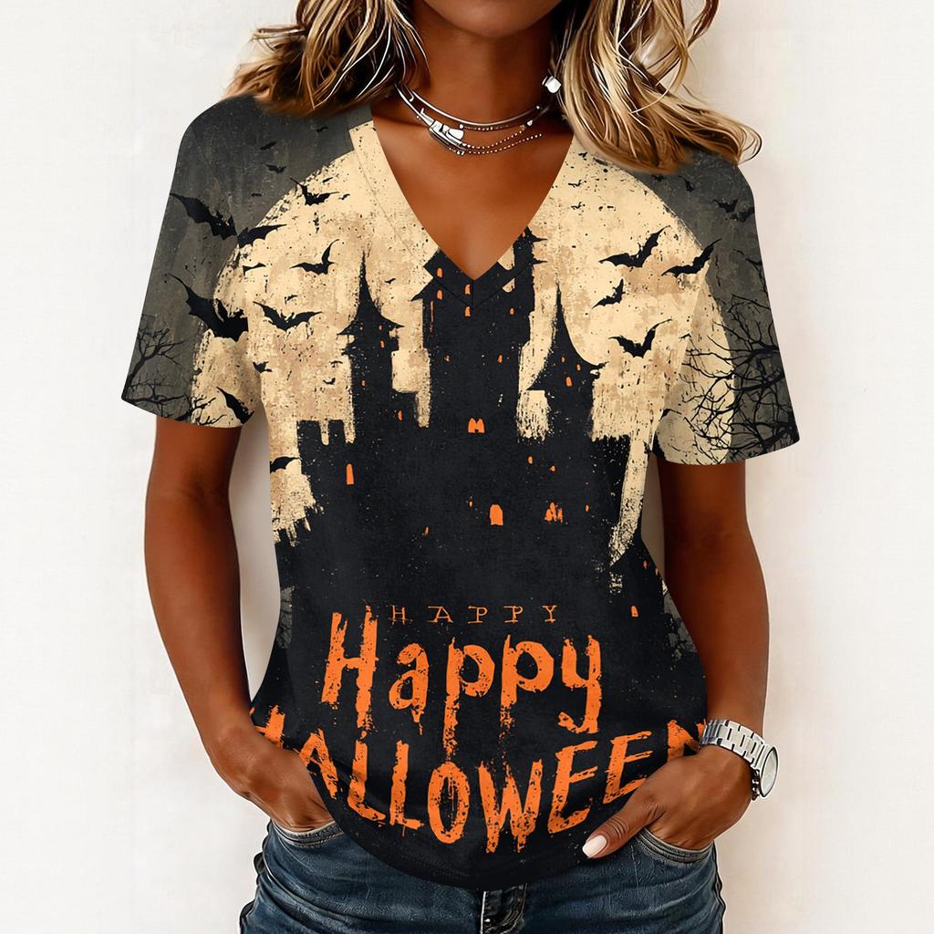 Womens Casual Halloween Print V Neck Pullover Top Short Sleeve Lightweight Shirt for Fall Seasonal Wear