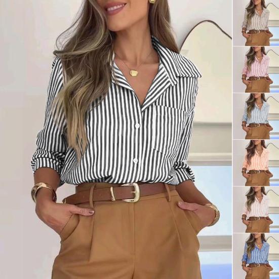 Women Shirt Lapel Long Sleeve Single Breasted Shirt Tops with Patch Pockets Striped Print Loose Fit Office Lady Casual Shirt