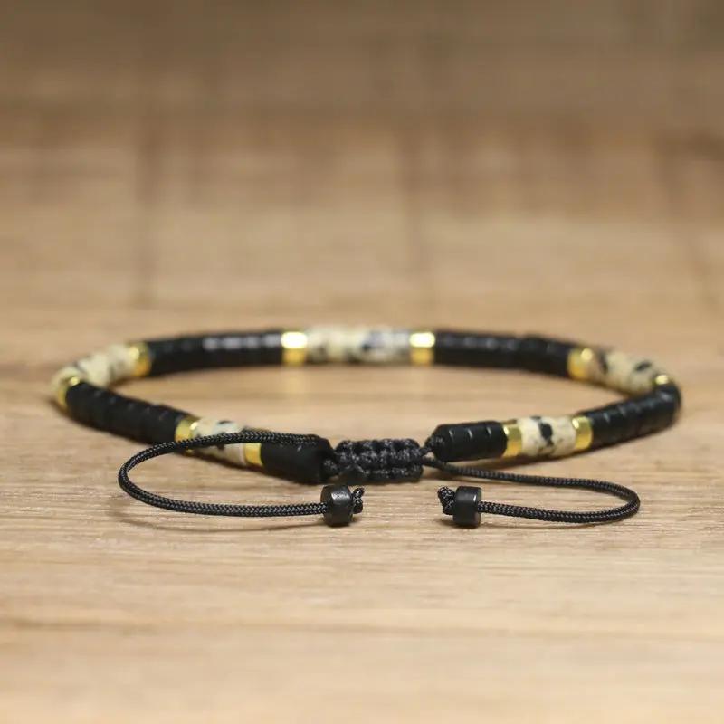 Bohemian Style Black Agate Spotted Beaded Bracelet | Adjustable Hand-woven Natural Stone Accessory | Anniversary Birthday Gift
