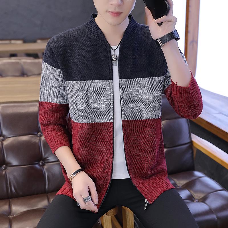 Herren Herbst/Winter Reißverschluss Strickjacke: Gestrickte Samtjacke mit Stehkragen