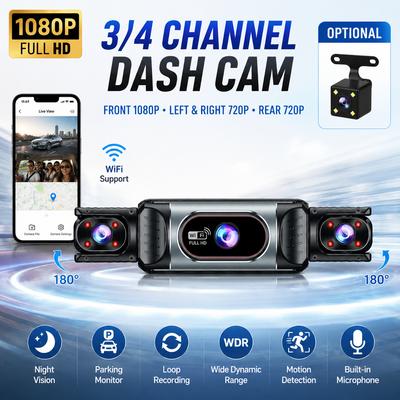 1080P HD WiFi 3/4-Linsen Dashcam, G-Sensor-Sperre, 24h-Schleifenaufnahme, Nachtsicht Auto-DVR