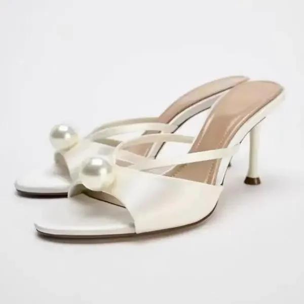 

Fashion High Quality Satin String Bead High Heel Slipper Women Luxury Narrow Band Design Brand Slide Sandals Elegant Wedding Bridal Shoe 42 бежевый