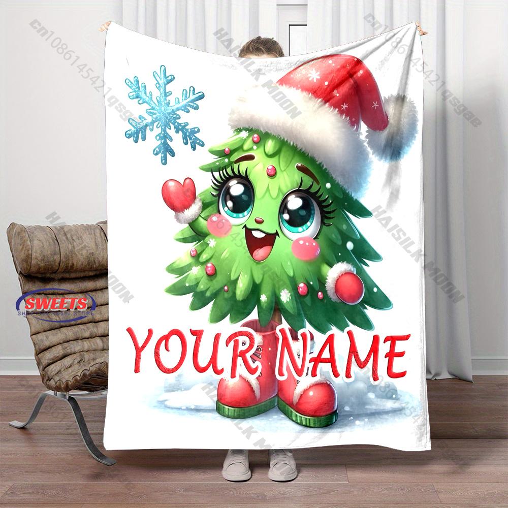 Custom Name Cartoon Christmas Tree Character Blanket Kawaii Santa Hat Tree Flannel Throw Blanket Children Sofa Bed Xmas Gift