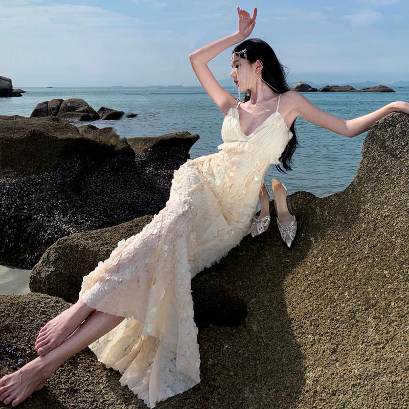 

Женское летнее вечернее длинное платье с блестящими пайетками, платья для выпускного вечера, корейская одежда