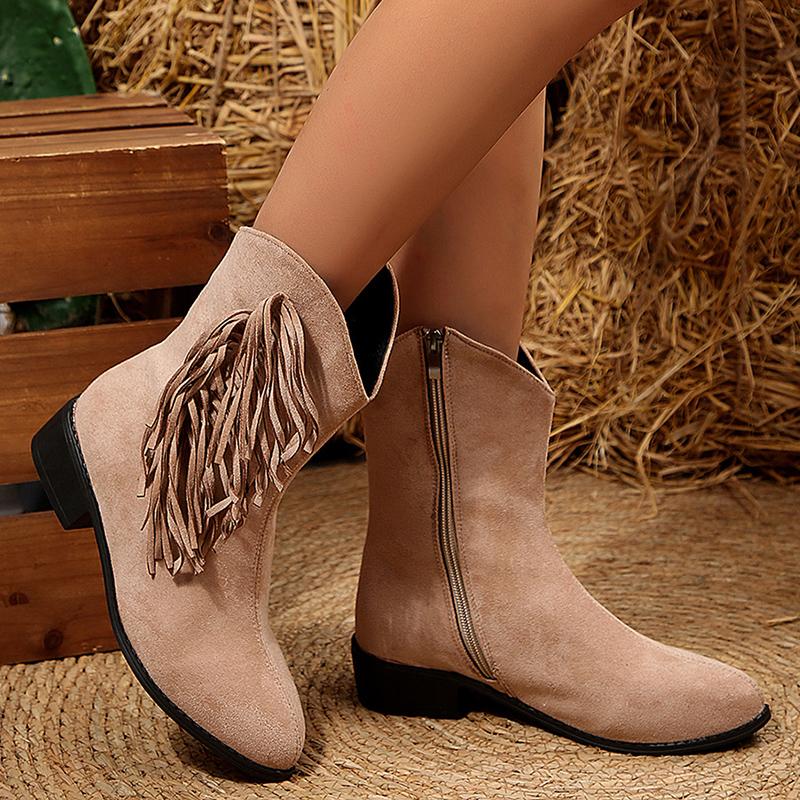Vintage Tassels Western Boots Women Autumn Winter 2025 Loose Low Heels Ankle Boots Woman Faux Suede Slip On Cowboy Botas Mujer
