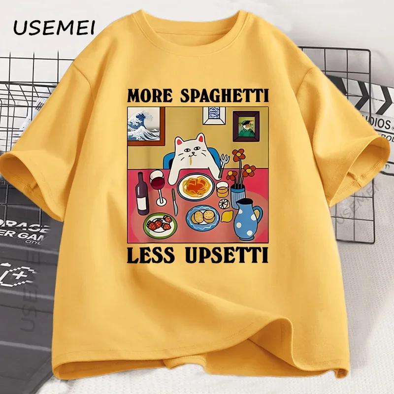 More Spaghetti Less Upsetti Funny Cat TShirt Unisex Unisex Printed T Shirt Harajuku O Neck Cotton Short Sleeve Tee Shirt Cat Lover