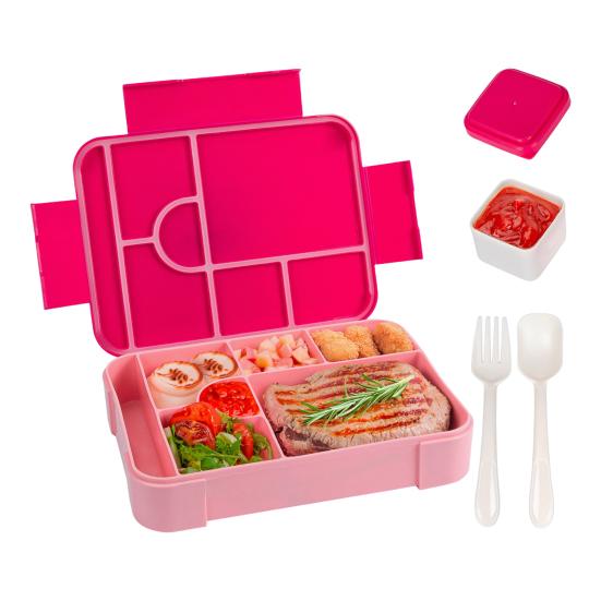 Bento Lunch Box Leak Proof 6-Compartment Lunch Box with Spoon Fork Sauce Cup BPA-Free Food Container for School Snack Container