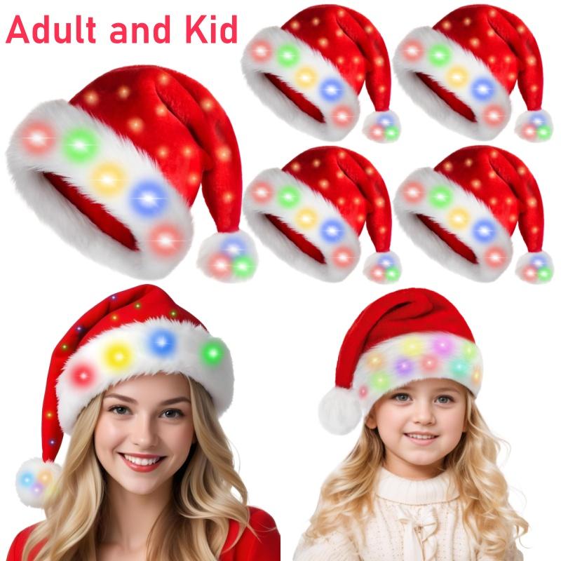Light Up Christmas Santa Hat Red Velvet Xmas Costume Hats for Adult Kid Party Holiday Unisex New Year Festive Headwear