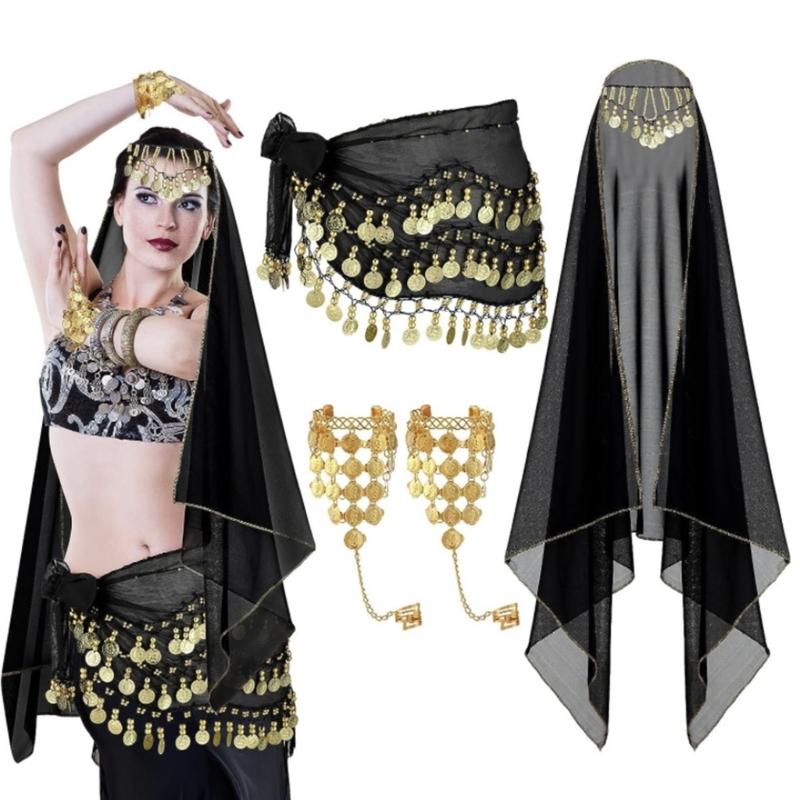 Gypsys Costume Accessories for Women Belly Dance Outfits Head Scarf with Belly Dance Coins Hip Scarf Chain Bracelets