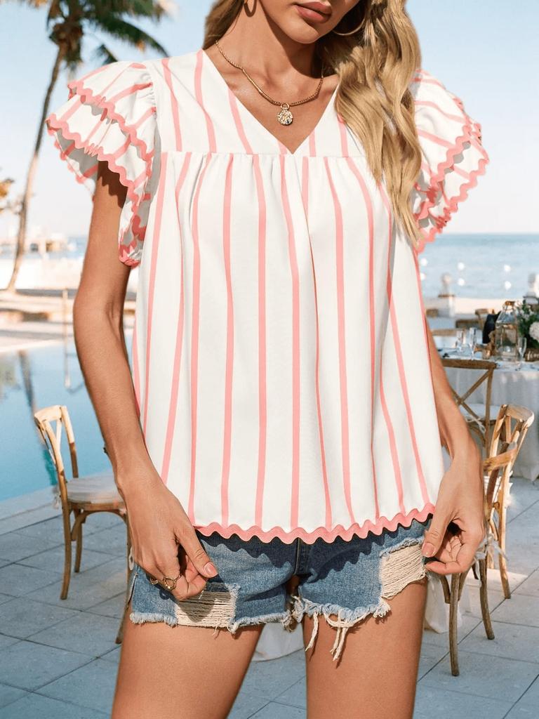 Women's Vertical Striped Blouse V Neck Ruffle Sleeve Pleated Trim Summer Top