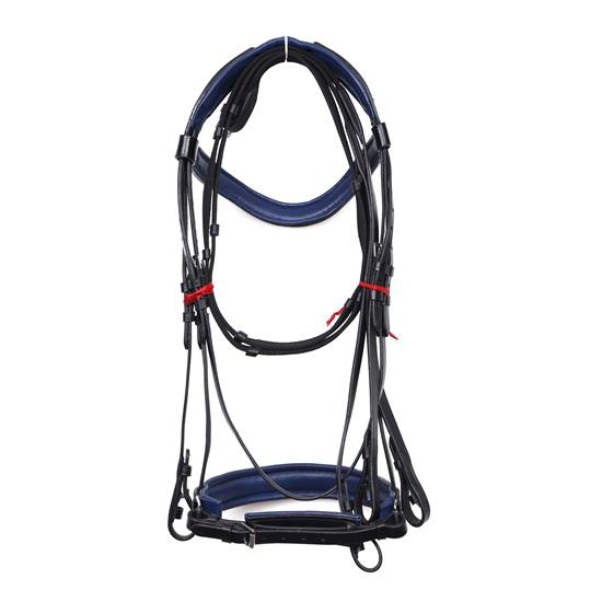Patent Leather Dressage Bridle, 3 Row Brow-Band, Blue Padding.