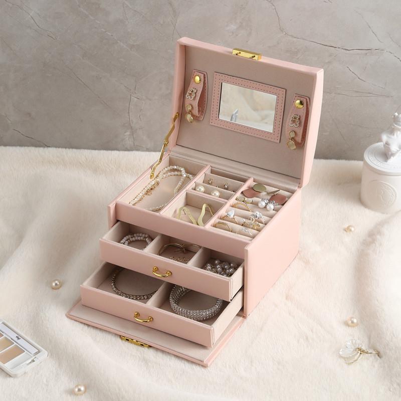 Leather Jewelry Box With Lock And Mirror For Gift Jewelry Storage