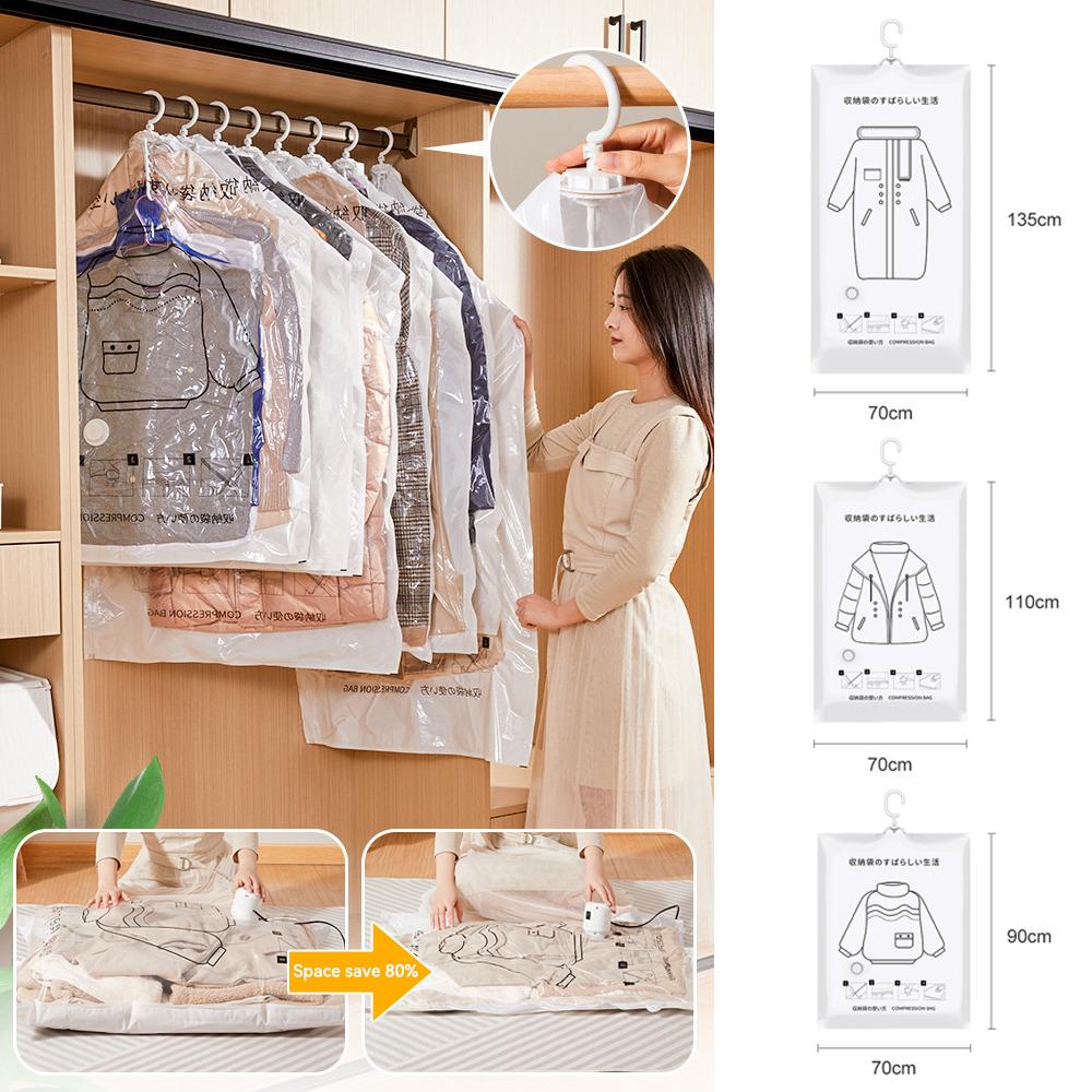 1pc Closet Hanging Organizer Vacuum Bag For Clothes Storage Bag With Hanger Space Saving Clear Seal Bags Wardrobe Compressed Bag