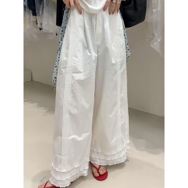 Korean-Style Sweet Lace Patchwork Wide-Leg Pants for Women, 2026 Spring and Autumn New High-Waisted Slimming Casual Lace-Trimmed Long Pants Trendy White S