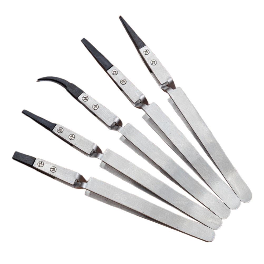 5Pcs Electronic Insulated Tweezers Plastic Head Stainless Steel Precise Heat Resistant Non-Conductive Tweezers for Precision