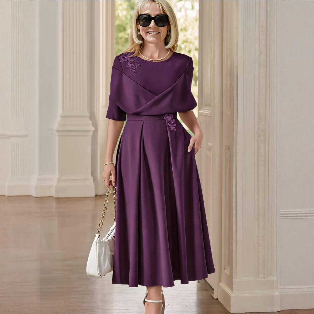Women’s Midi Dress with Embroidered Detailing Elegant Pleated Skirt and Overlay Top Suitable for Formal Events