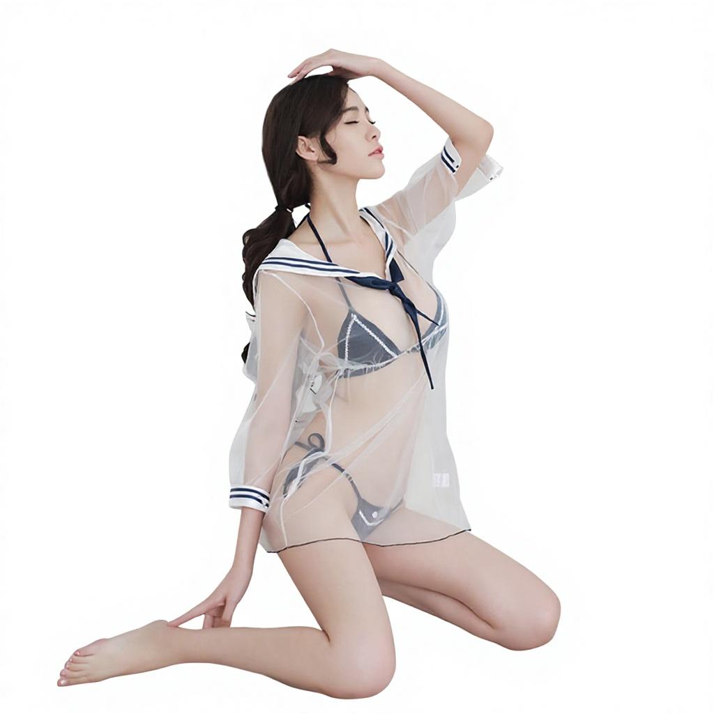 Sexy Japanese Sailor Cosplay Costumes Lace Polyester Transparent Lingerie Set Women Exotic Intimate Apparel Mesh Bra Panty Set