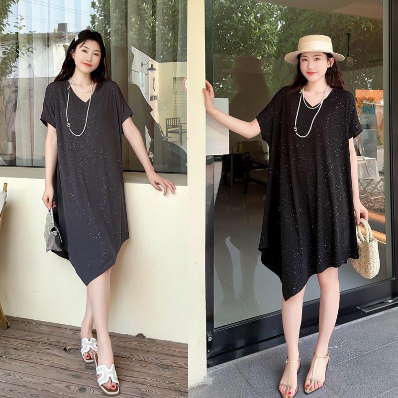 

Plus Size Silver Thread Irregular V-Neck Midi Dress for Women - Slimming Casual 2025 Design 4XL (suggested weight 120-200 jin) серый