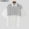 INCERUN Herren Reverskragen Kurzarm Gestreift Spitze Patchwork Lässig Oversized Hemden