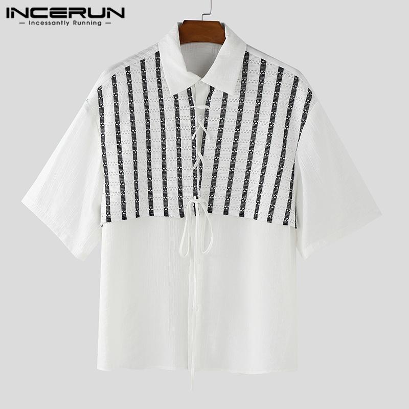 INCERUN Herren Reverskragen Kurzarm Gestreift Spitze Patchwork Lässig Oversized Hemden