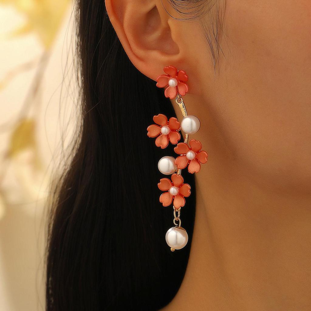 Romance Bohème Mode Fée Princesse Style Perle d'Imitation Longue Perle Fleur Pendentif Élégantes Boucles d'Oreilles Pour Femmes