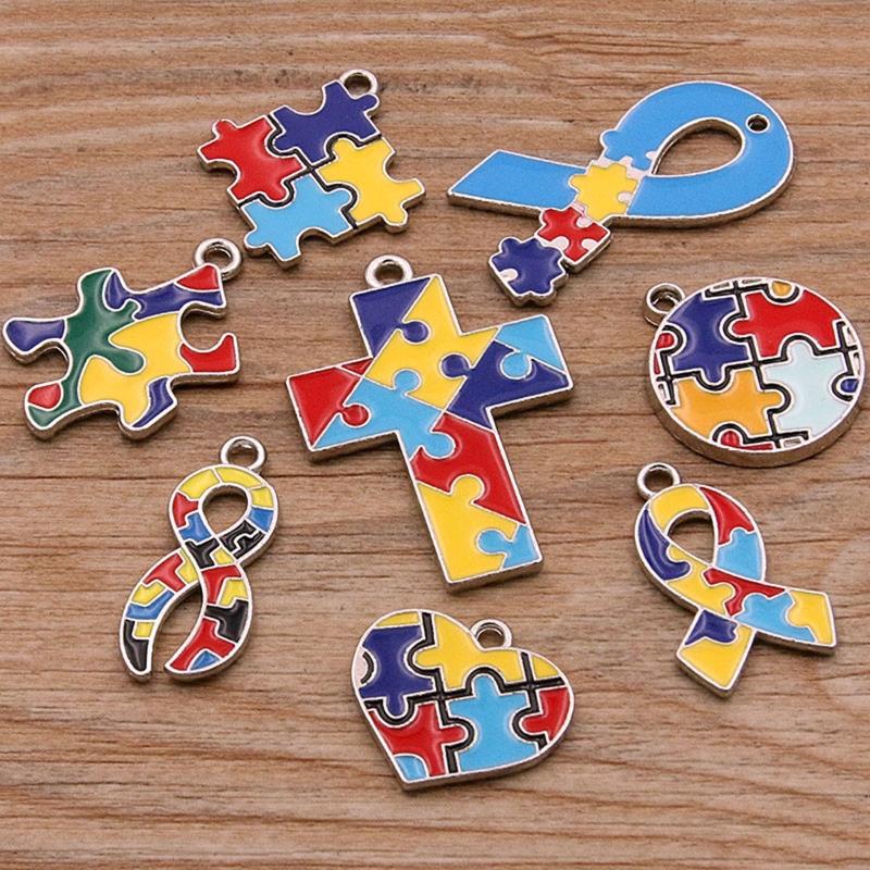8Pcs Gold Plated Pendant with Puzzle Shape Pendant Enamel Autism Awareness Pendant Bulk Diy Necklace Bracelet Keychain