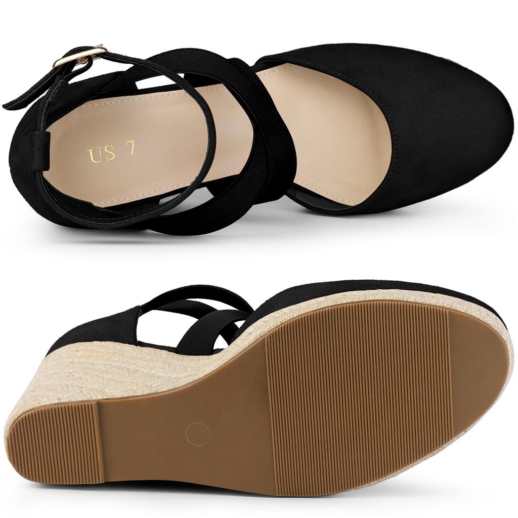 Allegra K Women's Espadrilles, Platform, Closed-Toe, Wedge Heel Sandals, Black, Size 24.5cm