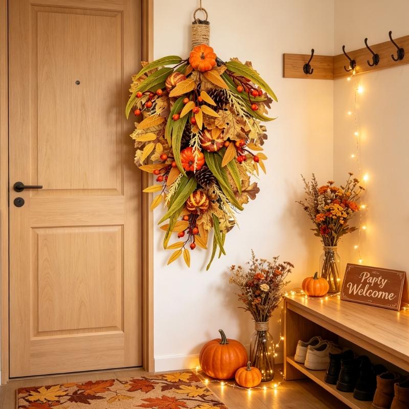 Halloween Wreath for Entry Door, Fall Seasonal Wreath with Display Loop for Entryway Wall or Porch, Elongated Wreath, Approx 27.6 Inch