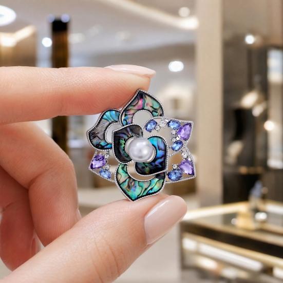 Camellia Brooch, 3D Hollow Floral Design Suit Badge with Imitation Pearl Cubic Zirconia Embellishment, Brooch Pin for Suits Scarves Accessories