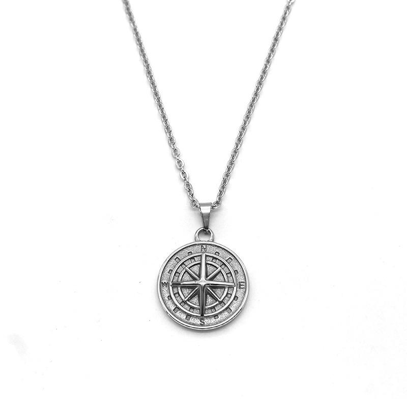 Popular Jewelry Compass Retro Compass Stainless Steel Clavicle Chain Men 50+5cm&Hiphop серебряный