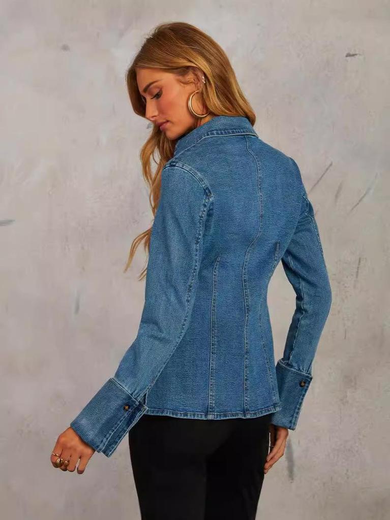 Women's European-American Denim Shirt - Autumn Casual, Lapel, Single-Breasted, Long Sleeve
