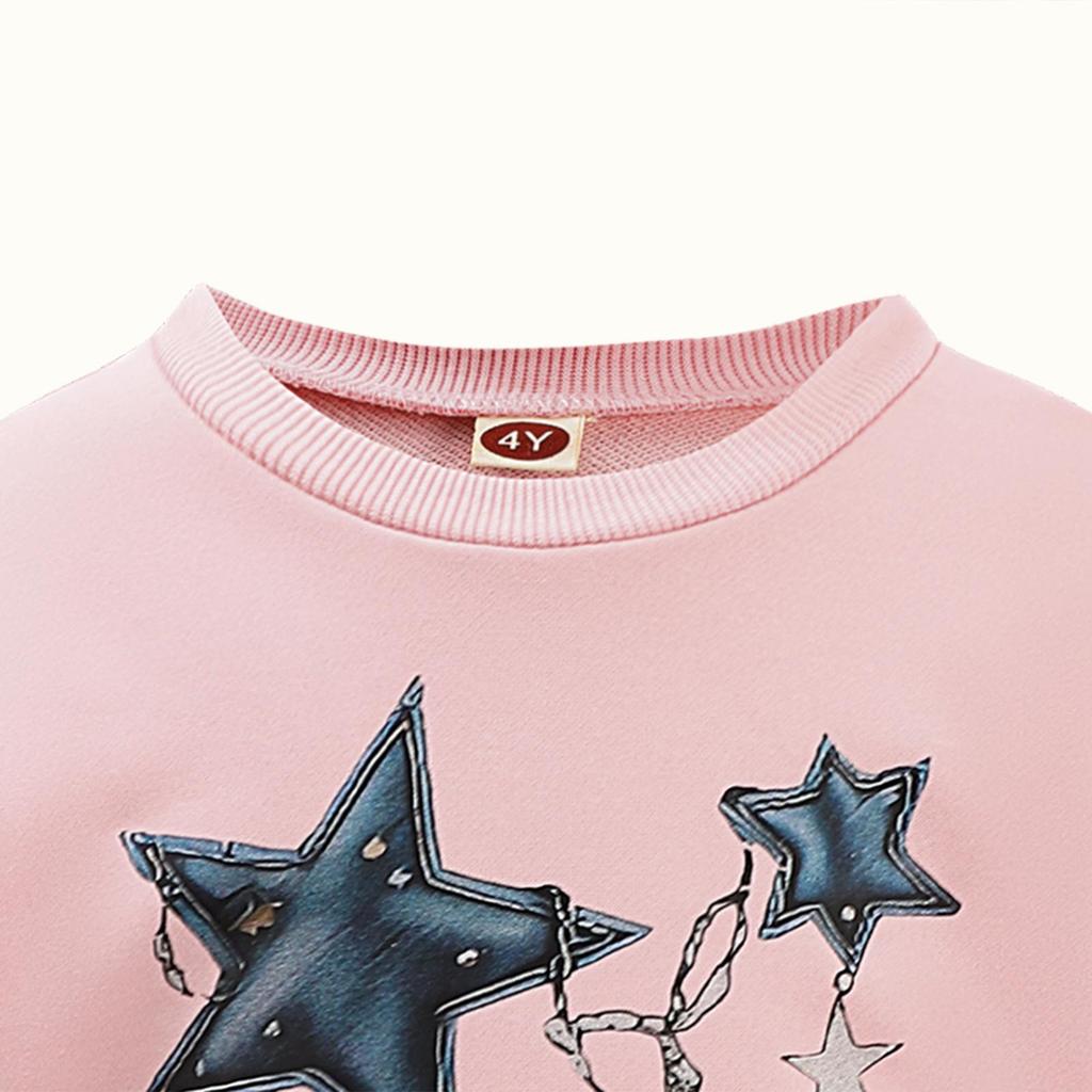 Girls' Sets Autumn and Winter Children's Pink Pullover, Five-pointed Star Printed Top, Black Slightly Flared Trousers Set