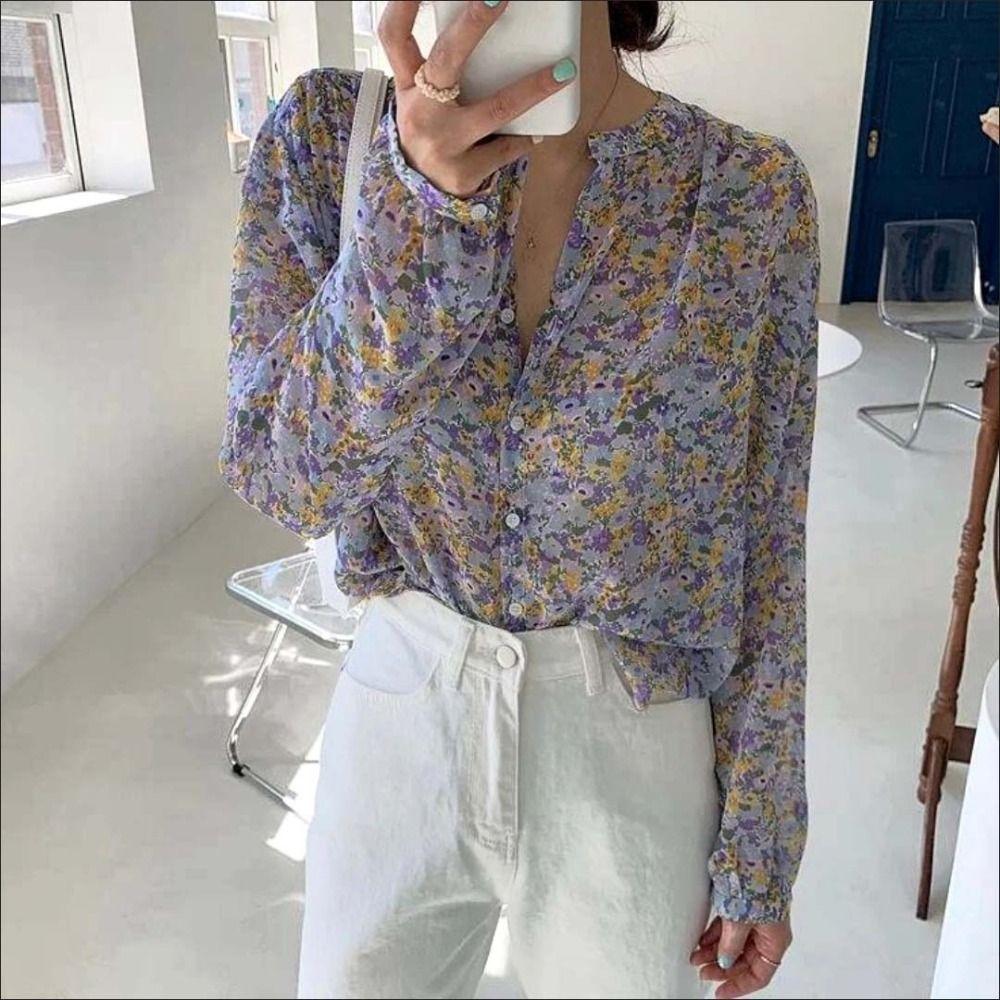 Round Neck Sweet Flower Shirts Long Sleeve Women's Chiffon Blouse  Spring Summer