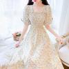 Coffee break French square collar floral pure dress women's summer new high-end temperament waist beautiful long dress
