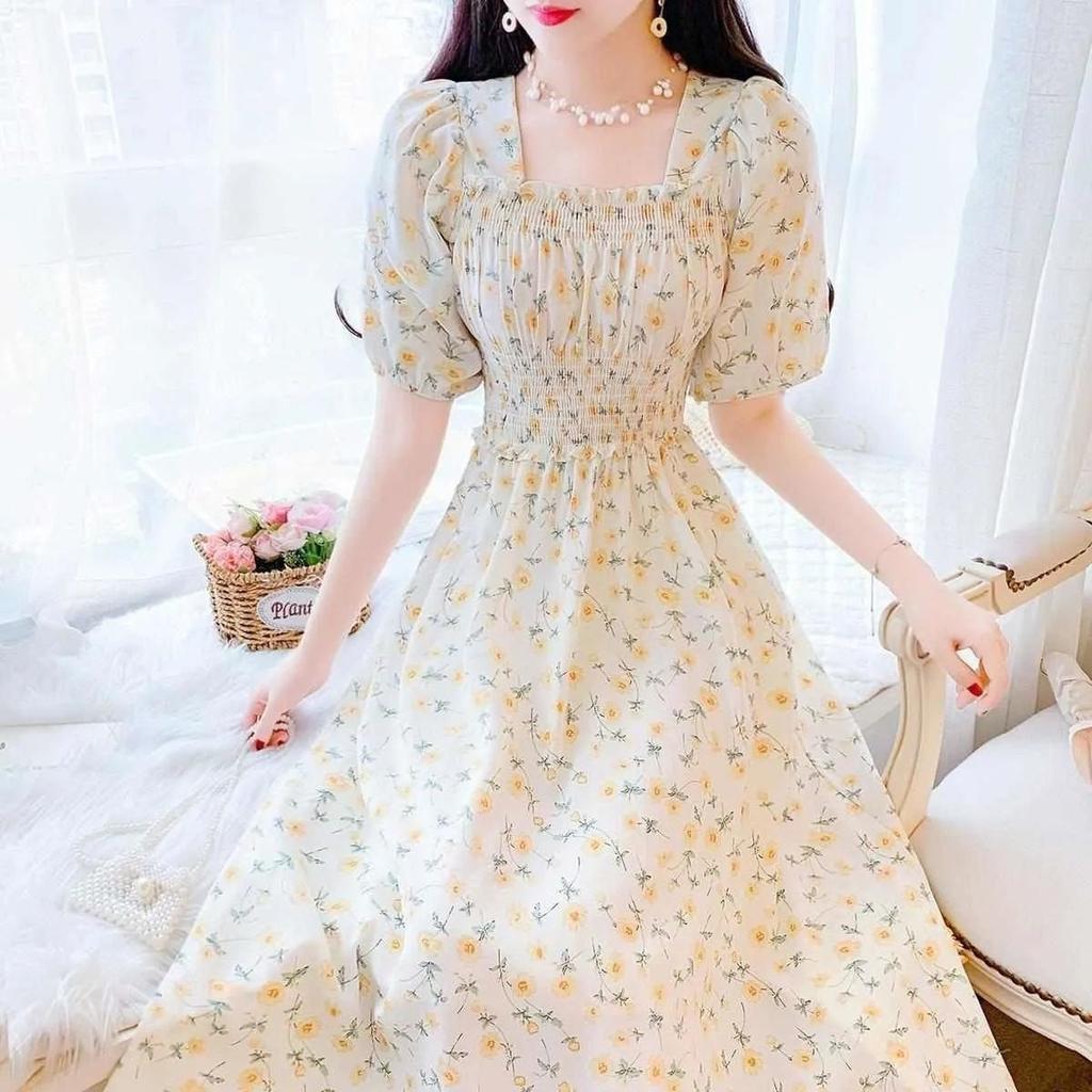 Coffee break French square collar floral pure dress women's summer new high-end temperament waist beautiful long dress