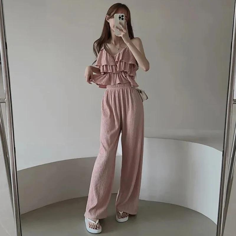 Casual Summer Solid Two Piece New Sets Women Sexy Flounce Tops + Loose High Waist Pants Female Chic Elegant Patchwork Party Beach Suits