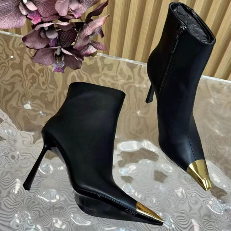 Women's Metal Pointed Stiletto Heel Ankle Boots Side Zipper Autumn Winter Slim Black Chunky Boots