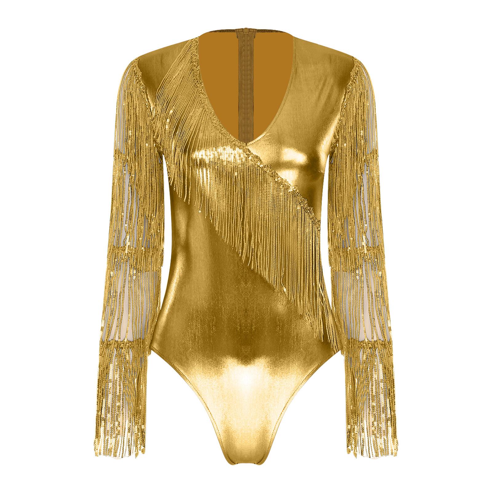 

Womens Metallic Shiny Club Bodysuit Tiered Sequin Tassel Mesh Long Sleeve Dance Jumpsuit S
