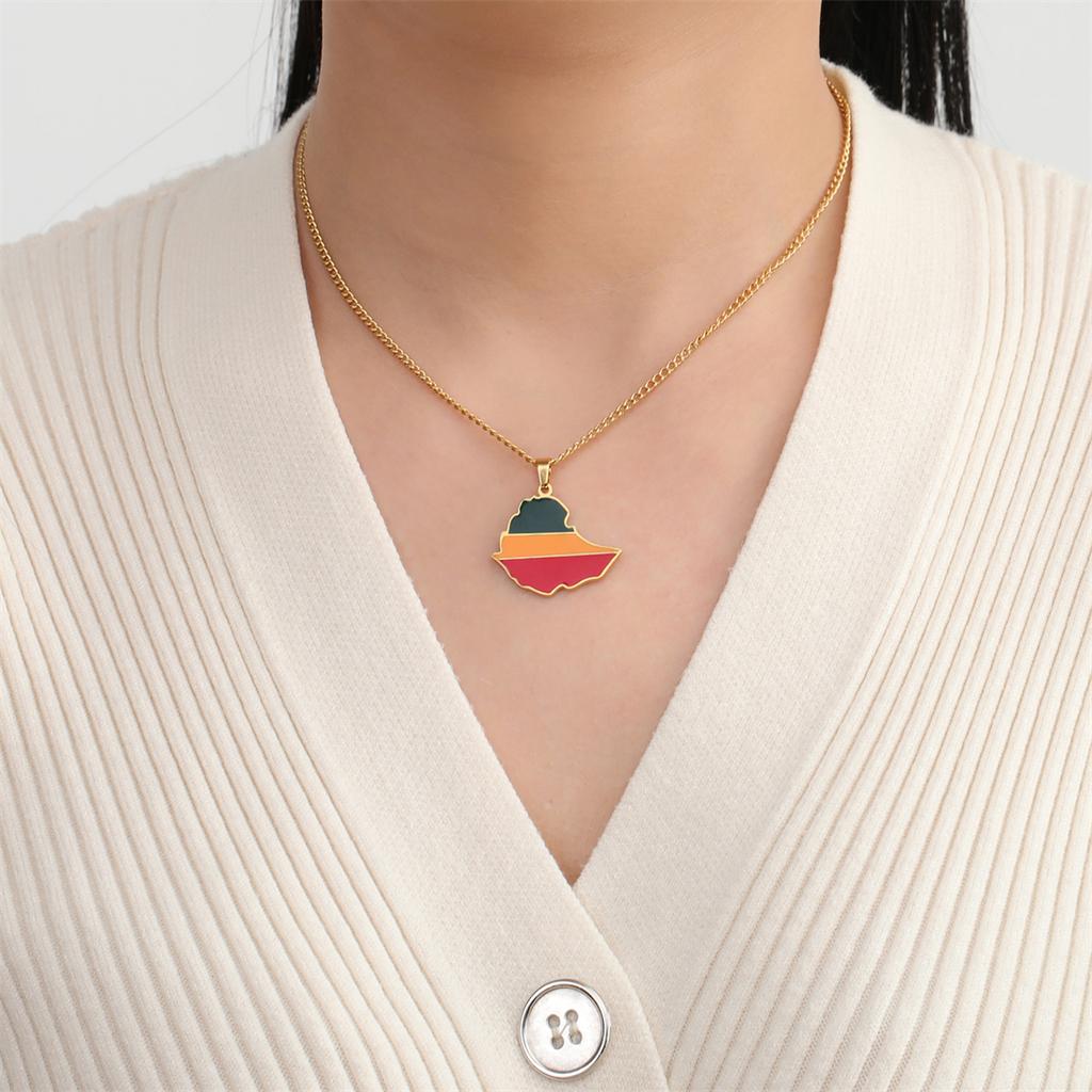  Drip Oil Ethiopia Map Flag Pendant Necklace Women Men Stainless Steel Fashion Ethiopia Patriotic Jewelry Wholesale