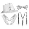 Shiny Sequined Hat Tie Gloves Set Masquerade Disco Stage Performance Costume  for Men Women