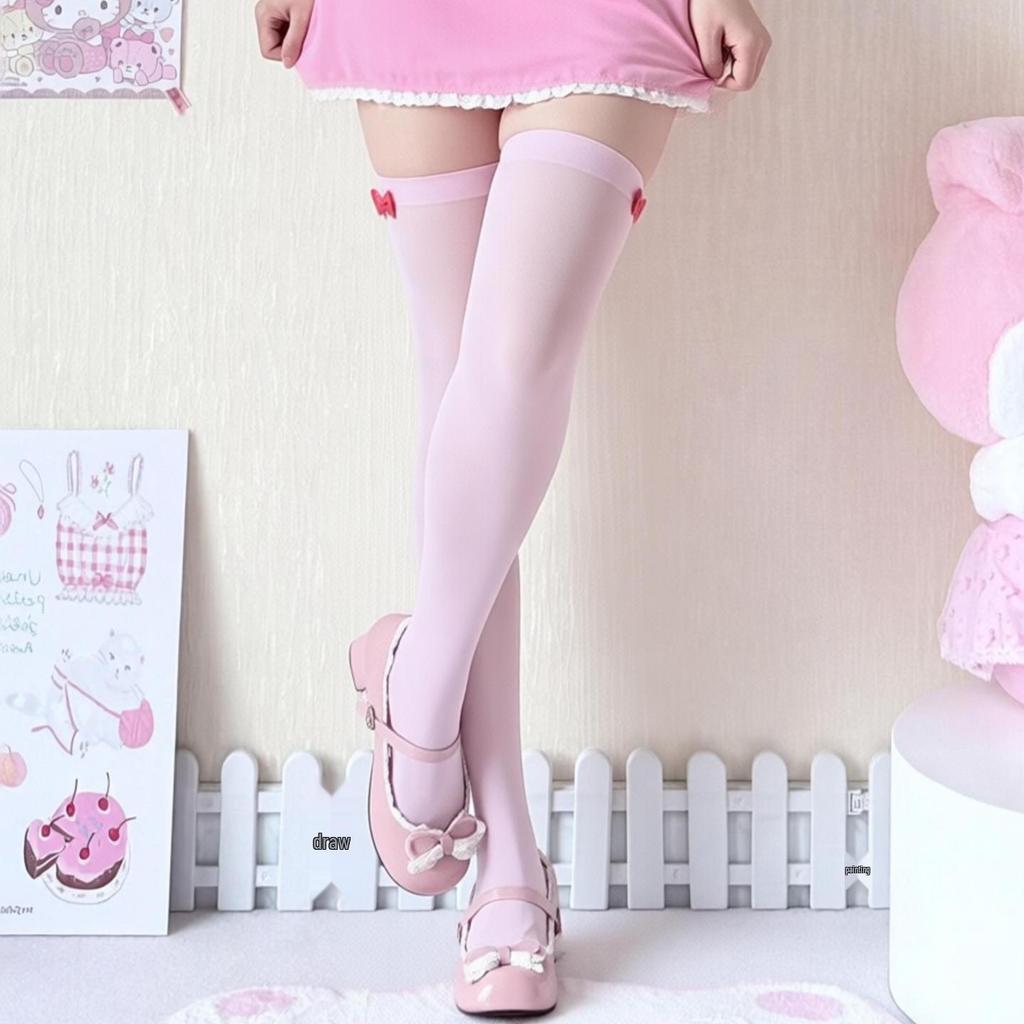 In-Stock Pink Over-the-Knee Women's Socks, Summer Thin Style with Bow, JK Ballet Style White Stockings